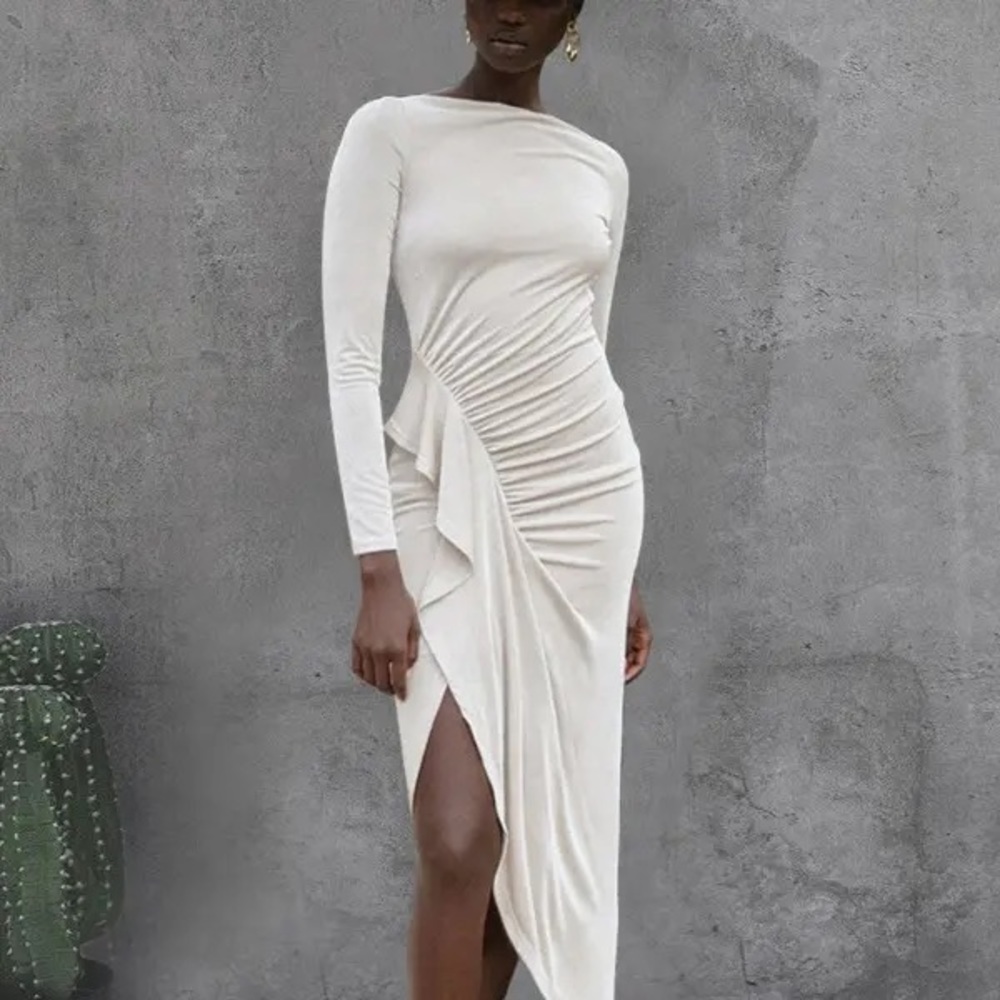 Asymmetrical Ruched Ruffle Hem Slit Midi Dress